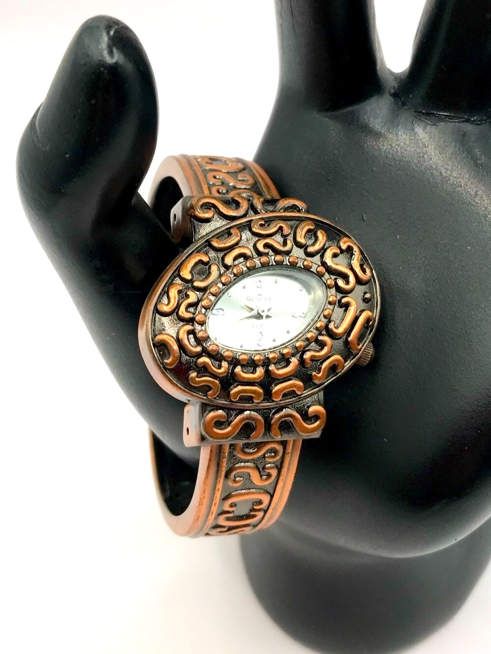 Geneva Copper-Tone Ornate Oval Dial Bangle Watch